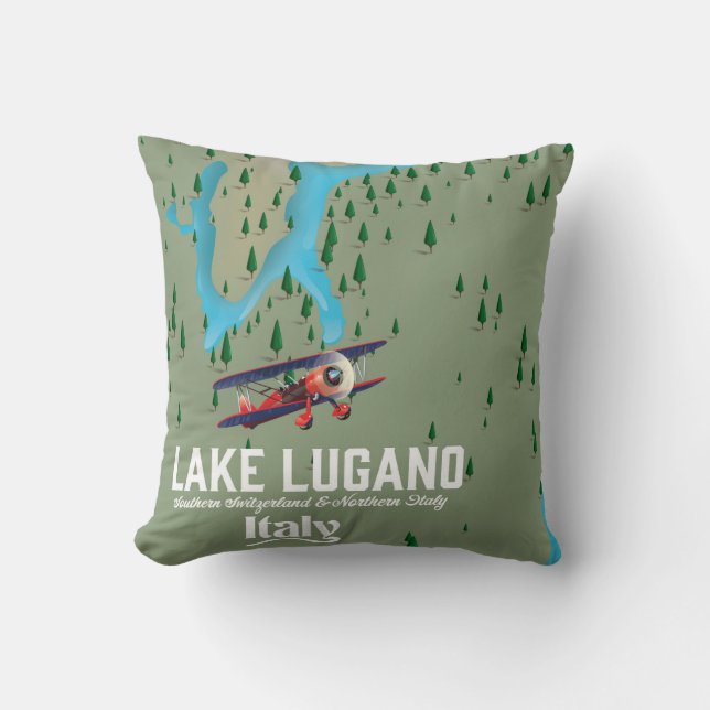 Cojín Decorativo Afiche de viaje del lago Lugano Italia - Suiza (Anverso)