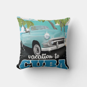 Cojín Decorativo Afiche de viaje en auto vintage de Cuba