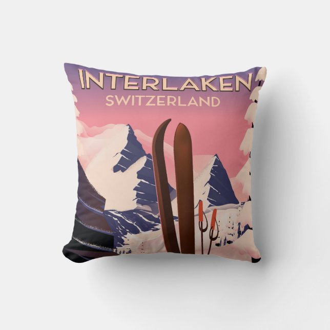 Cojín Decorativo Afiche de viaje en esquí de Suiza Interlaken. (Anverso)