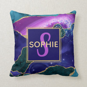 Cojín Decorativo Agante Purpurina de oro morado, rosa y Verde azula