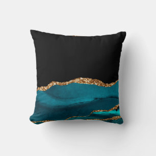 Cojín Decorativo Ágata de canica azul Glamurosa negra destellos dor