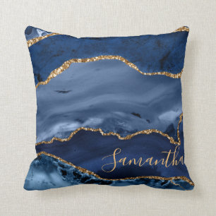 Cojín Decorativo Ágata de mármol con brillo azul marino y falso oro