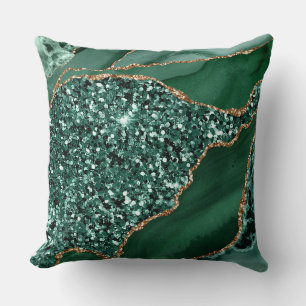 Cojín Decorativo Ágata oceánica elegante verde y dorada con brillo