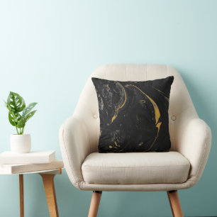 Cojín Decorativo Agate Black and Gold Marble Swirl