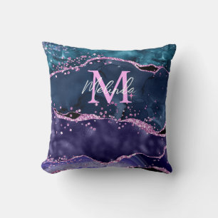 Cojín Decorativo Agato oceánico Purpurina azul y morado de la marin