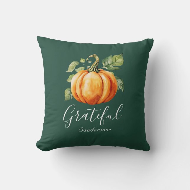Cojín Decorativo Agradecido Naranja Pumpkin Oscuro Verde Personaliz (Anverso)
