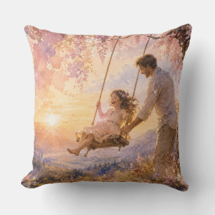 Cojín Decorativo Agua de acuarela de lujo Padre e hija columpio