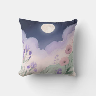 Cojín Decorativo Agua de Luna Llena Iris Floral Nocturna en Acuarel