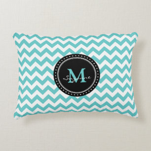 Cojín Decorativo Aguamarina Chevron abstracto blanco del monograma