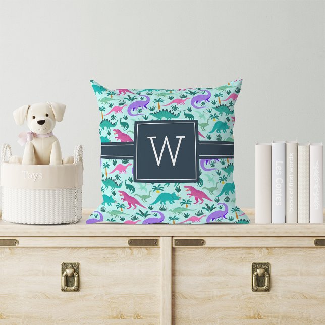 Cojín Decorativo Aguamarina | Monograma de patrón de dinosaurio cut (Subido por el creador)
