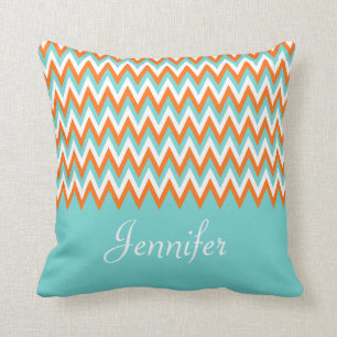 Cojín Decorativo Aguamarina personalizada Chevron anaranjado blanco