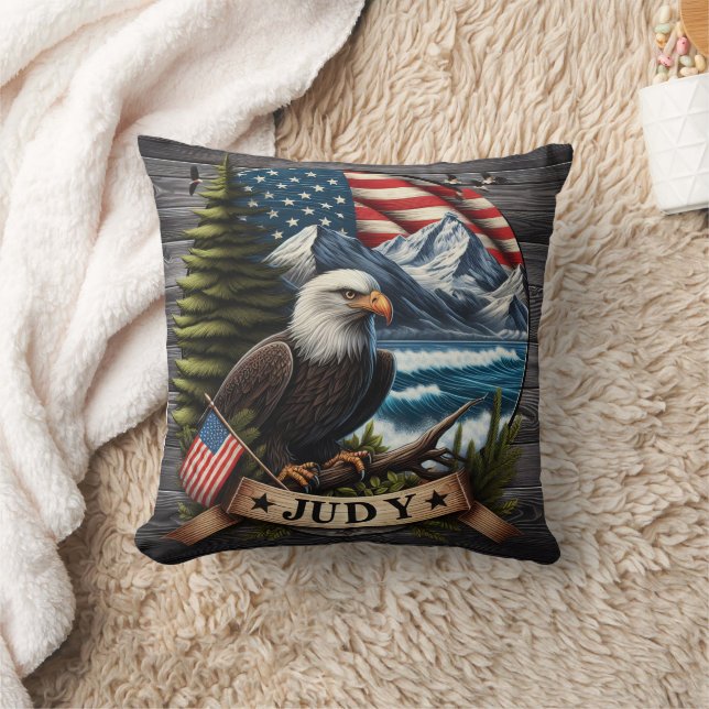 Cojín Decorativo Águila americana con bandera nacional y montañas (Manta)