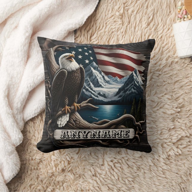 Cojín Decorativo Águila americana encarcada por montañas y bandera (Manta)