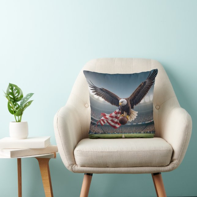 Cojín Decorativo Águila calva volando con bandera y fútbol (Silla)