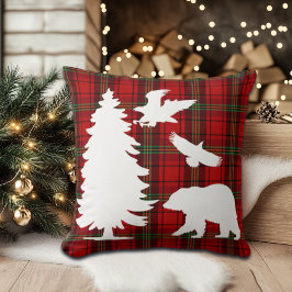 Cojín Decorativo Águila del oso pino sobre el tartán negro rojo