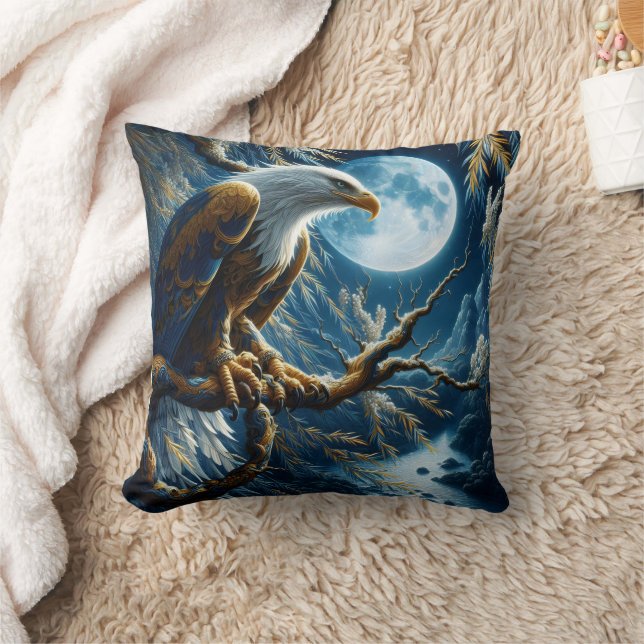 Cojín Decorativo Águila encaramada en una rama bajo el cielo lunar (Manta)