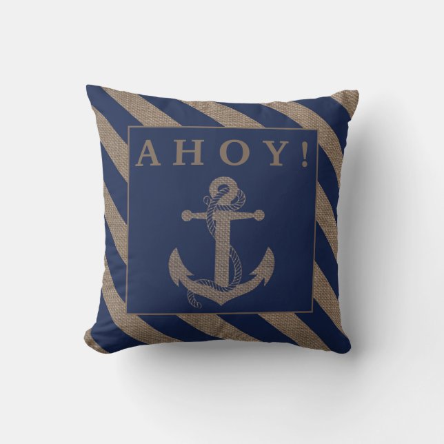 Cojín Decorativo ¡Ahoy! Banda azul y burlap de la Marina de Anchor  (Anverso)