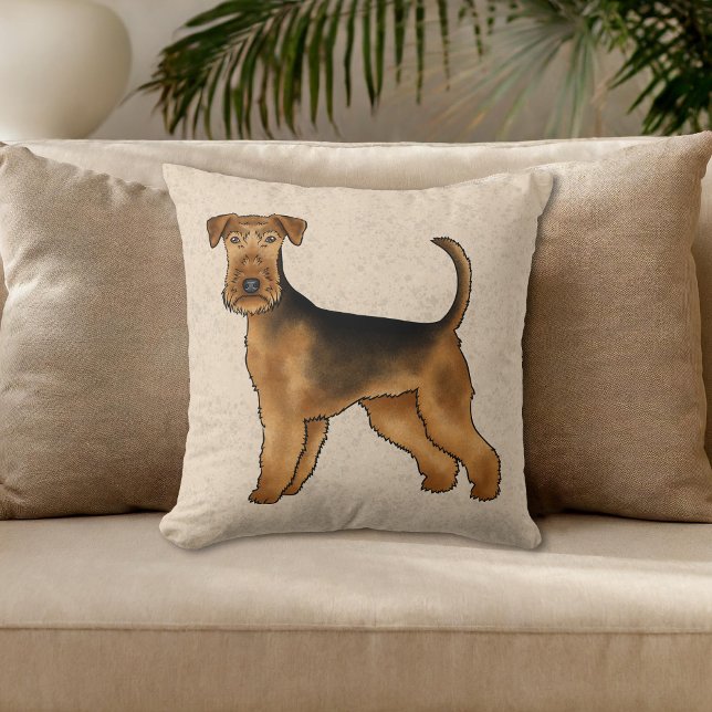 Cojín Decorativo Airedale Terrier Cute Cartog Perro En Beige (Please note: This image is a digital mockup. The product may not be in scale.)