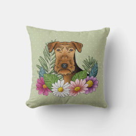 Cojín Decorativo Airedale Terrier y flores de verano coloridas verd