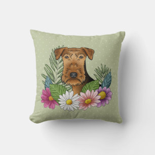 Cojín Decorativo Airedale Terrier y flores de verano coloridas verd