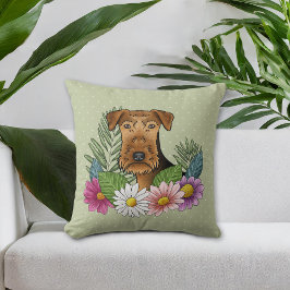 Cojín Decorativo Airedale Terrier y flores de verano coloridas verd
