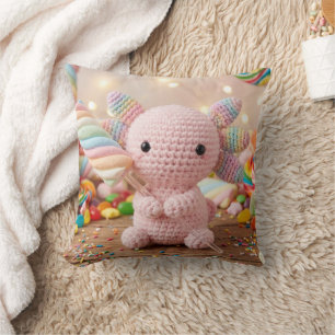 Cojín Decorativo Ajolote rosa ganchillo Caramelo Pastel 