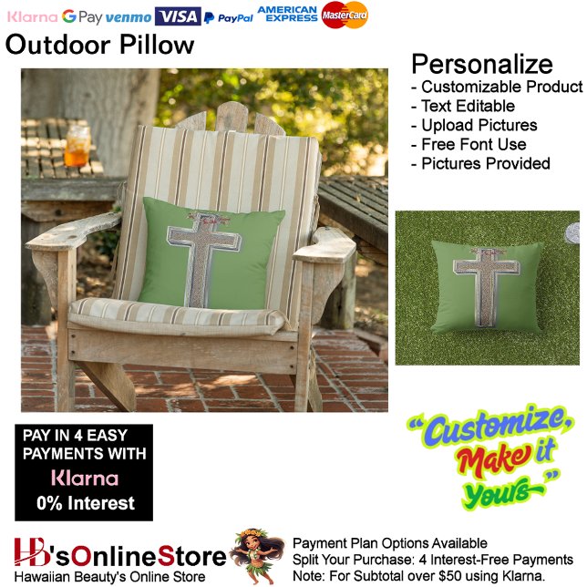 Cojín decorativo al aire libre con fondo verde (Cross Outdoor Throw Pillow with Green Background.)