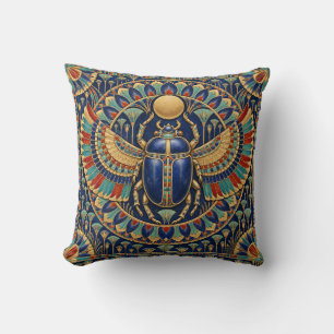Cojín Decorativo Ala Real Egipcia Escarabajo Alado Azul Dorado