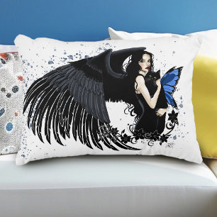Cojín Decorativo Alas de Ángel Gótico Gato Negro Hada Azul