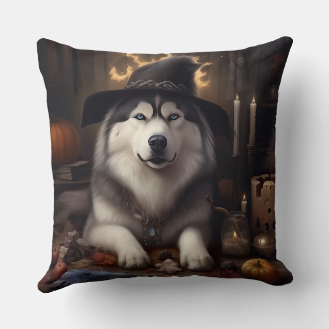 Cojín Decorativo Alaskan Malamute calza calabazas de Halloween (Reverso )
