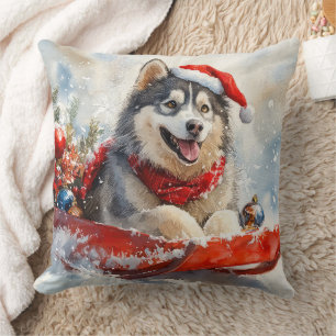 Cojín Decorativo Alaskan Malamute en Trineo Deja que Nieve Navidad