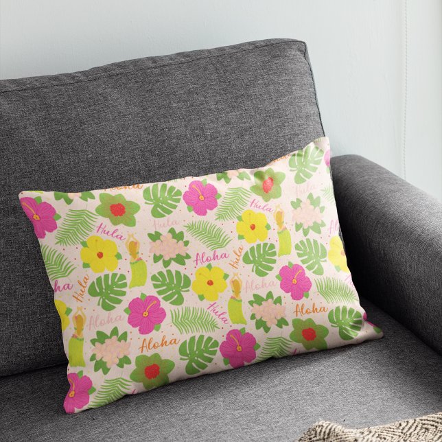 Cojín Decorativo Alegre arte de baile hula hawaiano (Tropical Hawaiian Flower Aloha Hula Woman Accent Pillow)
