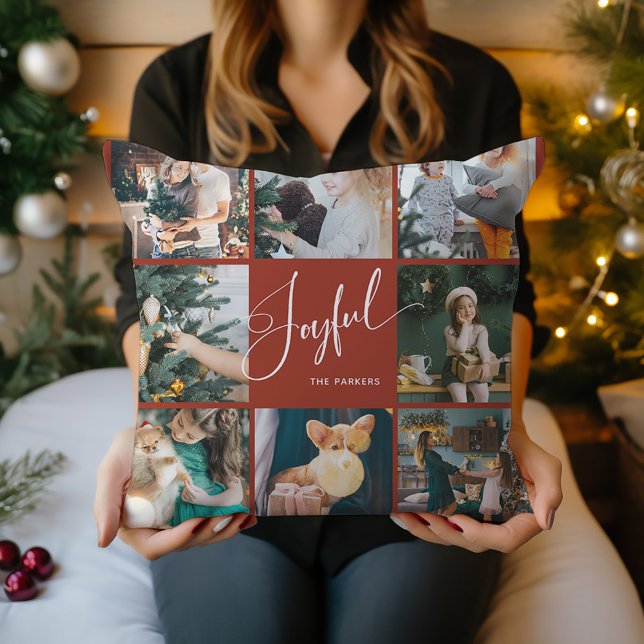 Cojín Decorativo Alegre | Elegantes Navidades multifoto de guiones (A pretty red Christmas pillow that says "Joyful" in elegant script, with eight of your photos)