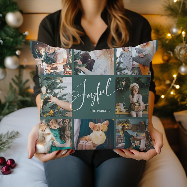 Cojín Decorativo Alegre | Elegantes Navidades multifoto de guiones (A pretty green Christmas pillow that says "Joyful" in elegant script, with eight of your photos)