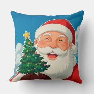 Cojín Decorativo Alegre Papá Noel sosteniendo un pequeño árbol de N