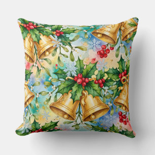 Cojín Decorativo Alegres Campanas Doradas de Navidad Acebo