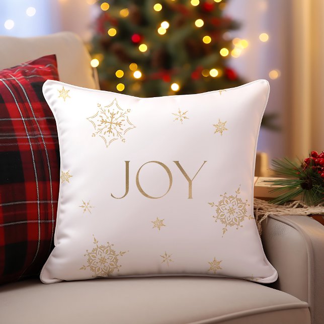 Cojín Decorativo Alegría de vacaciones con copos de nieve blancos y (Gold and White Modern Snowflake Holiday Joy Throw Pillow)