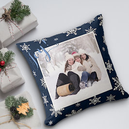 Cojín Decorativo ¡Alegría! Foto de feriado con copos de nieve azul 