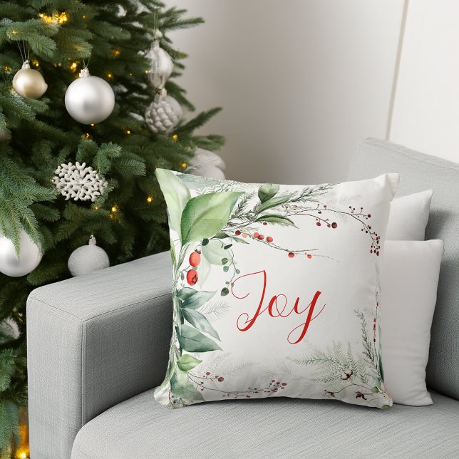 Cojín Decorativo Alegría navideña de vegetación en acuarela festiva (Festive Watercolor Greenery Christmas Joy Throw Pillow)
