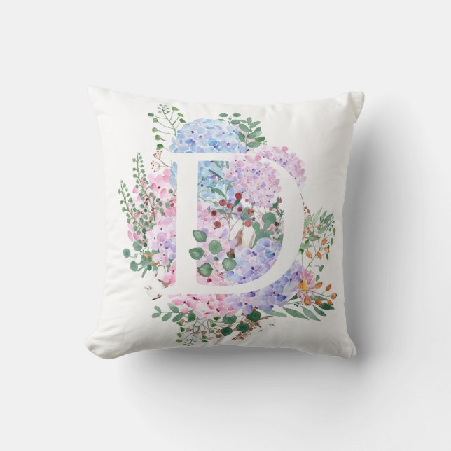 Cojín Decorativo Alfabeto botánico de flores hidrangeas (Anverso)
