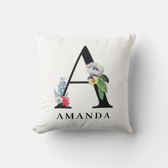 Cojín Decorativo Alfabeto floral A personalizado monograma (Anverso)