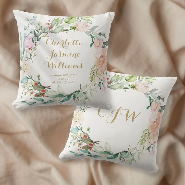 Cojín Decorativo Alfabeto Floral Estadísticas de Nacimiento de Bebé (Subido por el creador)
