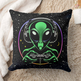 Cojín Decorativo Alien jugando videojuegos con fondo estelar