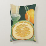Cojín Decorativo Alimentos para la salud vintage, bebidas, desayuno<br><div class="desc">Ilustracion vintage imagen de alimentos y bebidas con un desayuno saludable de avena caliente,  vaso de leche y fruta naranja.</div>