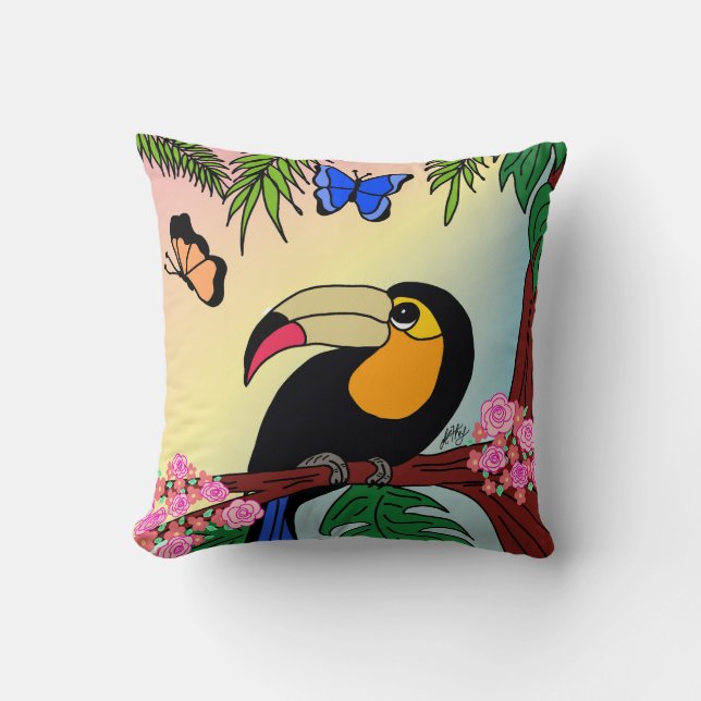 Cojín Decorativo almofada Tucano tropical e borboletas esvoaçantes (Anverso)