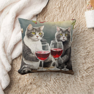 Cojín Decorativo ¡Almohada de gatos geniales bebiendo vino!