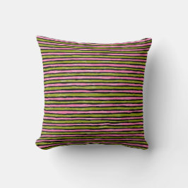Cojín Decorativo Almohada, rayas pintadas, verde mostaza y rosa