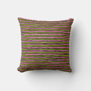 Cojín Decorativo Almohada, rayas pintadas, verde mostaza y rosa