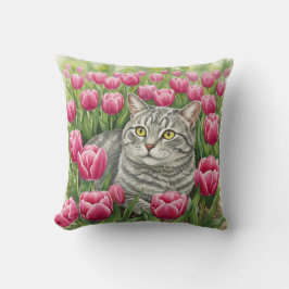 Cojín Decorativo Almohadilla de primavera de tulipanes de gatos gri