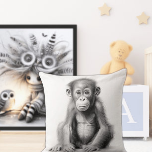 Cojín Decorativo Almohadón Cuadrado de Bebé Chimpancé Blanco y Negr